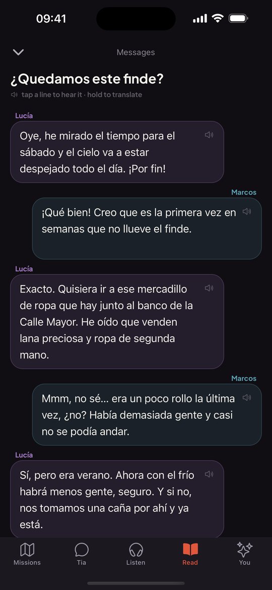 A Tiamigo reading exercise: a natural Spanish text-message conversation between Lucía and Marcos about weekend plans