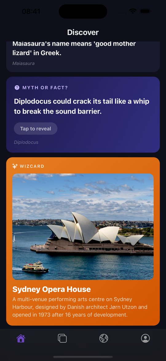 The WizEagle discovery feed, showing a myth-or-fact card and a WizCard for the Sydney Opera House